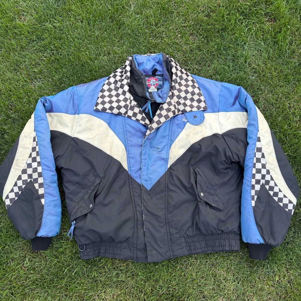 C- Vintage Polaris Racing Jacket Mens XL Blue Checkered Snowmobile USA Made 90s